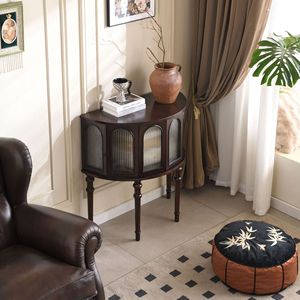 Semi Circular Entryway <b>Table</b> Vintage French Style Solid Wood <b>Console</b> Cabinet With Glass Doors For Foyer <b>Storage</b> - Product Image 3