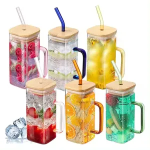 Copo de vidro de bambu para café, copo quadrado transparente resistente ao calor de 400ml, caneca com alça, caneca colorida, ideal para venda