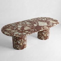 Table à manger ovale en marbre Calacatta rouge sur mesure avec piédestal cannelé artisanal – Décoration intérieure