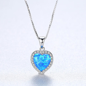 925 Sterling Silver Blue Fire <strong>Opal</strong> Heart Pendant <strong>Necklace</strong> For Women Trendy Gold Plated Link Chain Fashion Gift - Product Image 1