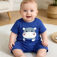Romper Bayi Musim Panas 2026 Motif Hippo 100% Katun Lengan Pendek Warna Biru Kancing Tekan di Selangkangan untuk Pakaian Anak Laki-laki