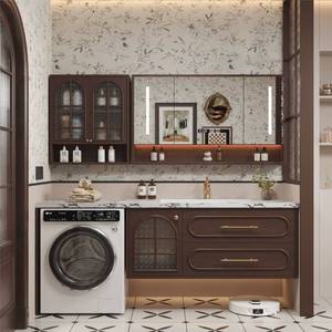 French style antique rock slab ceramic seamless basin intelligent <b>mirror</b> washing machine integrated bathroom cabinet - Product Image 1