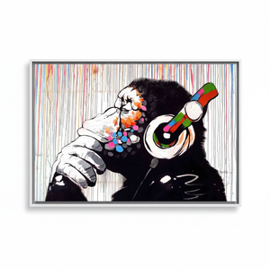 Banksy Thinking Monkey Canvas Print: Street Art Monkey Artwork,WHITE <b>FRAMED</b> CANVAS - Product Image 2