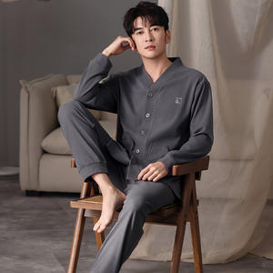 Pigiama da <span class=keywords><strong>uomo</strong></span> in velluto tedesco caldo e traspirante autunno/inverno, completo intero a maniche lunghe, taglie forti, in maglia 180g, tinta unita - Product Image 3