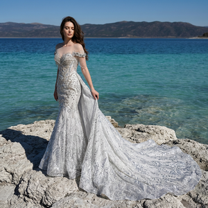 Vestido de Novia de Gasa Estilo Sirena Gt26002 con Escote Corazón, Adornado con Cuentas y Encaje, con Cola Desmontable Jancember - Product Image 1