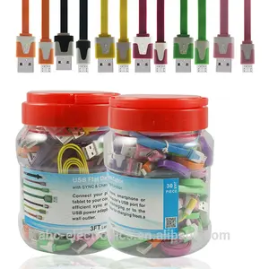 Factory Wholesale 30pieces/jar Top Quality Cheap 10 Colors Noodle Flat Micro Usb Cable for Mobile Phone