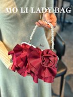 Sac de soirée rétro en satin vintage à fleurs, grande capacité, fleur de rose, perle, polyester, 2026