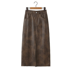 HANO 2 Colorway Front Slit Solid Color Zipper Fly Casual Fashion Long Leather Skirt pour les femmes - Product Image 2