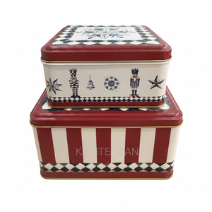 Square Metal Canister Set – 195x195x105 mm & 159x159x80 mm (Set of 2) <b>Nutcracker</b>, striped pattern, checkered border 2025 Design - Product Image 2