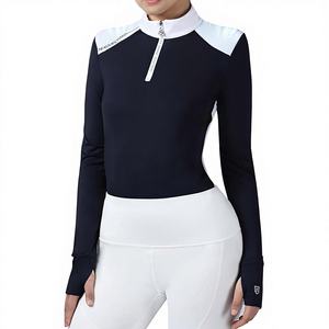 Camisa de Equitación para Mujer, Estilo Ecuestre, Hombros con Costuras, Manga Larga, Orificios para Pulgares, Bloques de Color, Cuello Alto, Spandex, Nailon - Product Image 1