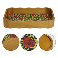 Plateau de rangement en bois avec poignées découpées, imprimé léopard, doublure en tissu rose, plateau organisateur pour bijoux, cosmétiques, petits objets