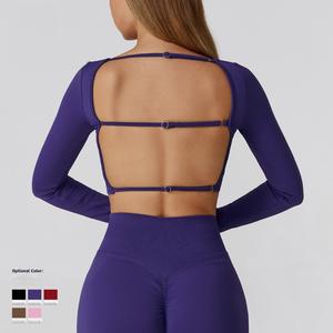 WOJIEER nuovo Design per allenamento con scricciolo quadrato Slim Fit camicia <span class=keywords><strong>Crop</strong></span> sostenibile a manica lunga da palestra da donna - Product Image 3