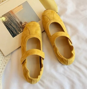 Zapatos de ballet Mary Jane de cuero liso amarillo estilo coreano - zapatos planos versátiles de suela blanda y cómodos - Product Image 5