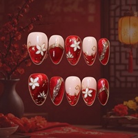 Ongles en acrylique à pression en forme d'amande, motif floral rouge pailleté avec bordure dorée, options de logo personnalisables, pour mariages et fêtes, vente en gros