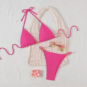 STOCK Handmade Solid 3Colors Washed 100% Polyester Rings Details Women 3Pieces Swimwear Triangle <b>Top</b> Cheeky Bikini Set - Product Image 6