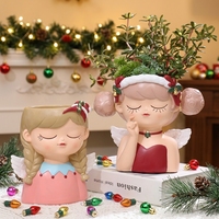 Pot de fleurs en résine de 7 pouces, motif fille de Noël aux yeux fermés, mignonne fille endormie, pour plantes succulentes, décoration de maison pour les fêtes paisibles, cadeau