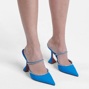 Mules bleues pour femmes, de haute qualité, à bout pointu, talons hauts de luxe avec strass, chaussures pour femmes - Product Image 4