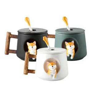 Grosir kopi mug anjing lucu desain-Mug Keramik Wajah Shimba Inu Kartun Hewan 3D, dengan Tutup dan Sendok Cangkir Kopi