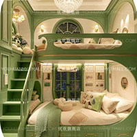 Lit superposé en bois massif pour enfants, style pastoral forestier, thème cabane dans les arbres, pour villa, chambre à thème ou gîte, avec escalier et rangement