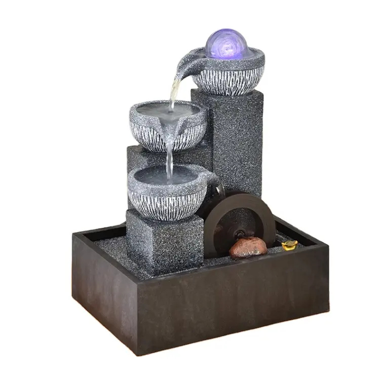 Décor à la maison bureau Feng Shui fontaine cascade à 3 niveaux avec boule de cristal résine artisanat fontaine d'eau intérieure de table