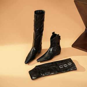 Knee-High Western Boots <b>Pointed</b> <b>Toe</b> <b>Flat</b> Heel 1cm Height Increasing Buckle Decor Solid Color Women's Fashion Boots - Product Image 3