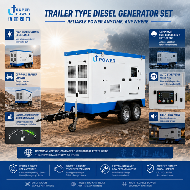 Portable 40KW Silent Type Diesel Generator Set 3 Phase Auto Start Remote Start Low Noise Mobile Single Four-Wheel Trailer ATS