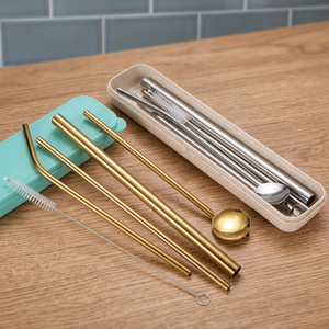 Reusable <b>Metal</b> Drinking <b>Straws</b> Set 5Pcs Minimalist Bar Accessories Gold Tone with Spoon and Cleaning Brush - Product Image 3