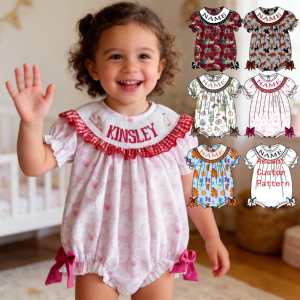 Tutina per Bambine Yihui con Maniche a Sbuffo Ricamate a Mano, in Cotone Traspirante, Chiusura con Bottoni a Scatto, Manica Corta, Personalizzabile - Product Image 1