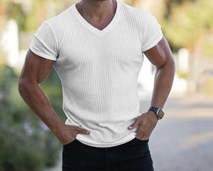 Camiseta Deportiva de Verano al por Mayor, Ajustada, con Rayas, Cuello en <span class=keywords><strong>V</strong></span>, Manga Corta, Logotipo Personalizado, Impresión Serigráfica, Anti-UV, Transpirable - Product Image 5