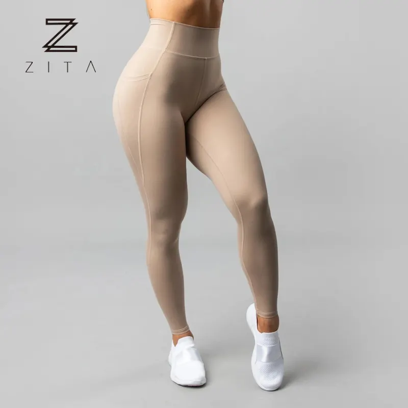 Calça fitness feminina de cintura alta, leggings para ginástica com cintura alta e drenagem de suor, com bolso lateral para celular