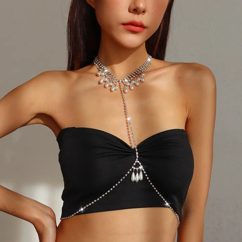 Gold Plated Metal Iron Pearls Body Bra Chain Sexy Bikini Jewelry Party Women Personality Pearl Body Chain Jewelry