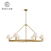 Lustre vintage américain, décoration de salle à manger, métal laiton, abat-jour en tissu blanc, LED 6 lumières, luxe rustique, anneau artistique, lustre Hackney