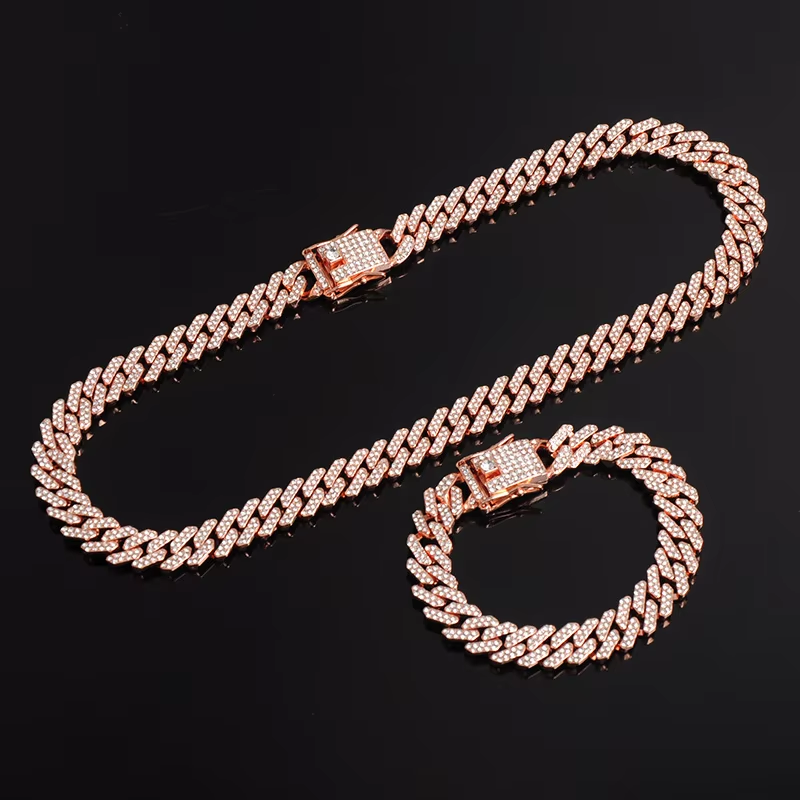 Iced Out Zinc Alloy Bling Cuban Chain Set 12mm Wholesale