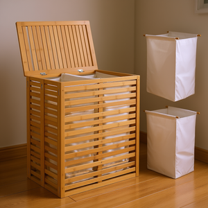 Panier à linge pliable en bambou avec 2 doublures amovibles, organiseur de rangement pour vêtements, gain de place, pour salle de bain et chambre - Product Image 2