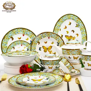 Conjunto de louça de porcelana de osso com padrão de borboleta clássico de marca famosa, 98 peças, conjunto de pratos