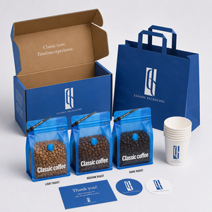Kit de Empaque de Café de Lujo Personalizado con Caja de Regalo, Bolsa con Fuelle Lateral Personalizable, Vaso de Papel, Filtro de Goteo, Bolsas para Café - Product Image 1