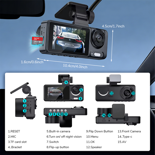 Best Rated Dash Cam Car Dash Cam With G-SensorTriple Lens Dash Cam with Front, Rear, and Cabin Cameras 1080P Full HD Recording