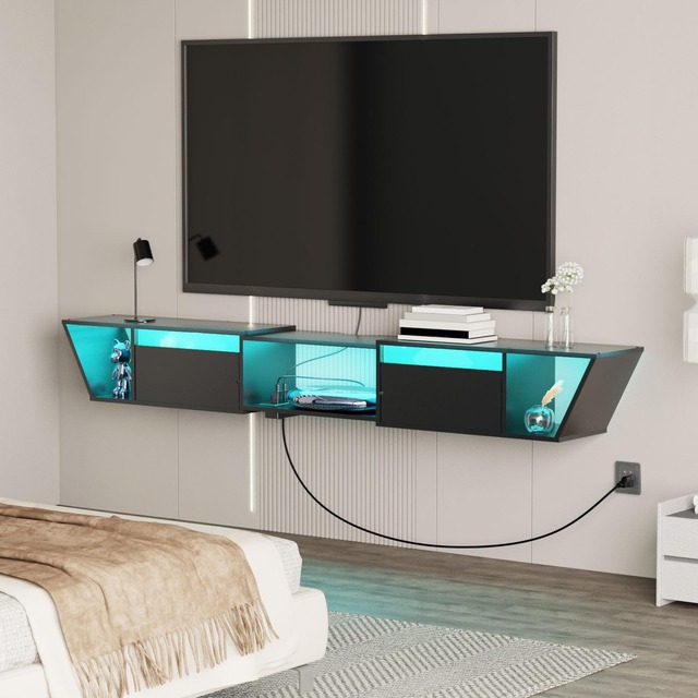 Modern Wood Quality Particleboard Wall Mounted Floating TV Stand Shelf with Power Outlet Cable Management for Living Room