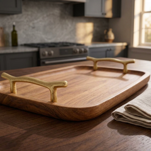 Plateau de service rectangulaire moderne en bois avec poignées métalliques décoratives, plateau de table basse ottoman en bois, plateau de luxe pour cuisine - Product Image 4
