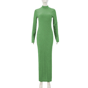 Robes longues pour femmes à col rond et manches longues, en tissu floqué, coupe ajustée, tendance - Product Image 5