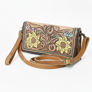 กระเป๋าสลิงหนังแท้สำหรับผู้หญิงสลักลายดอกทานตะวันและดอกไม้หรูหราฤดูใบไม้ร่วง - Product Image 1