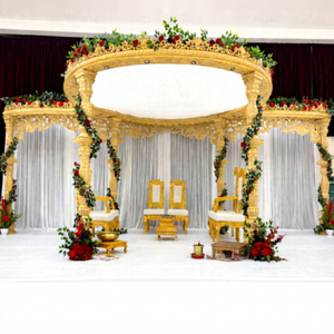 Ideas para Mandap Redondo de Boda Gujarati, Mandap de Boda Dorado Tallado en Madera, Decoración Floral para Mandap de Matrimonio al por Mayor - Product Image 1