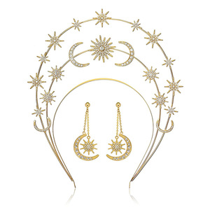 Diosa del <span class=keywords><strong>sol</strong></span> para mujer, corona <span class=keywords><strong>de</strong></span> Halo, tocado <span class=keywords><strong>de</strong></span> <span class=keywords><strong>estrella</strong></span> <span class=keywords><strong>y</strong></span> <span class=keywords><strong>luna</strong></span> <span class=keywords><strong>de</strong></span> tres capas, diadema nupcial elegante para boda con pendientes <span class=keywords><strong>de</strong></span> estrellas - Product Image 1