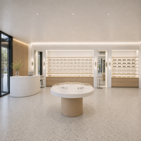 Conception de l'ensemble du magasin pour opticiens et boutiques de lunettes : Étagères de présentation en chêne clair avec mur rétroéclairé et unité de rangement personnalisée