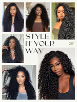 Perruque mi-longue bouclée à 200% de densité, 3 en 1, ondulations shaggy, cheveux humains avec cordon de serrage, perruque sans colle, bandeau, prête à porter pour femmes