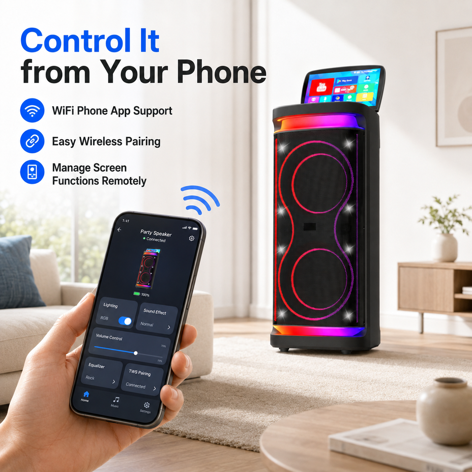 Android 14 Smart Screen Party Speaker Dual 10 Inch Woofer 60W Wireless ...