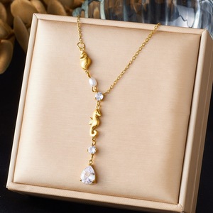 Gold Plated Seahorse Pendant Necklace With Teardrop Crystal And Pearl Y Chain Clavicle Jewelry For Daily Wear Gift - Product Image 1