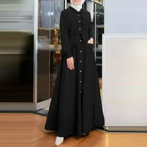 YWQS EID Modest Kaftan Islamic Clothing Dresses Adults Solid Color Lace Simple Modest Cotton Designed Muslim Abaya
