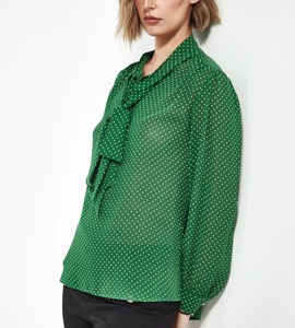 <span class=keywords><strong>Camicette</strong></span> Formali da <span class=keywords><strong>Donna</strong></span> Personalizzate OEM ODM di Alta Qualità, Motivo a Pois, Colletto Arricciato, Maniche Kimono, Bottoni Frontali, Tessuto in Raso 100% <span class=keywords><strong>Seta</strong></span> - Product Image 2