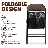 Chaise pliante rembourrée en PU marron, style classique Bridge Club, avec structure en acier au carbone noir thermolaqué, idéale pour salle à manger, réunions, café et usage domestique.